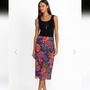 Johnny Was Jade Mesh Midi Skirt Floral Print Skirt in Navy and Red XXL